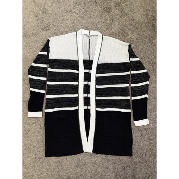T By Talbots Open Weave Mesh Black And White Cardigan Small Pockets Lightweight - Picture 1 of 8